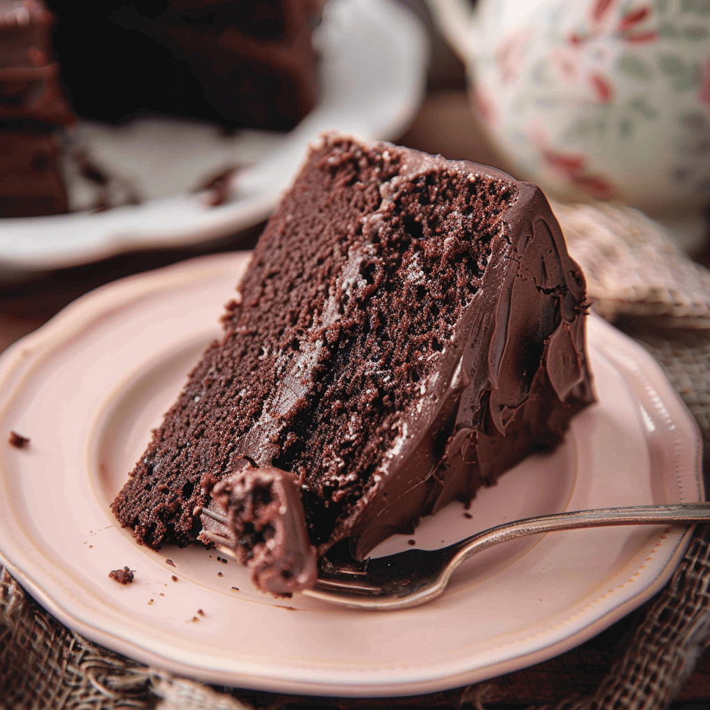moist chocolate cake recipe on stand