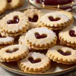 Cranberry Linzer Cookies on wooden table