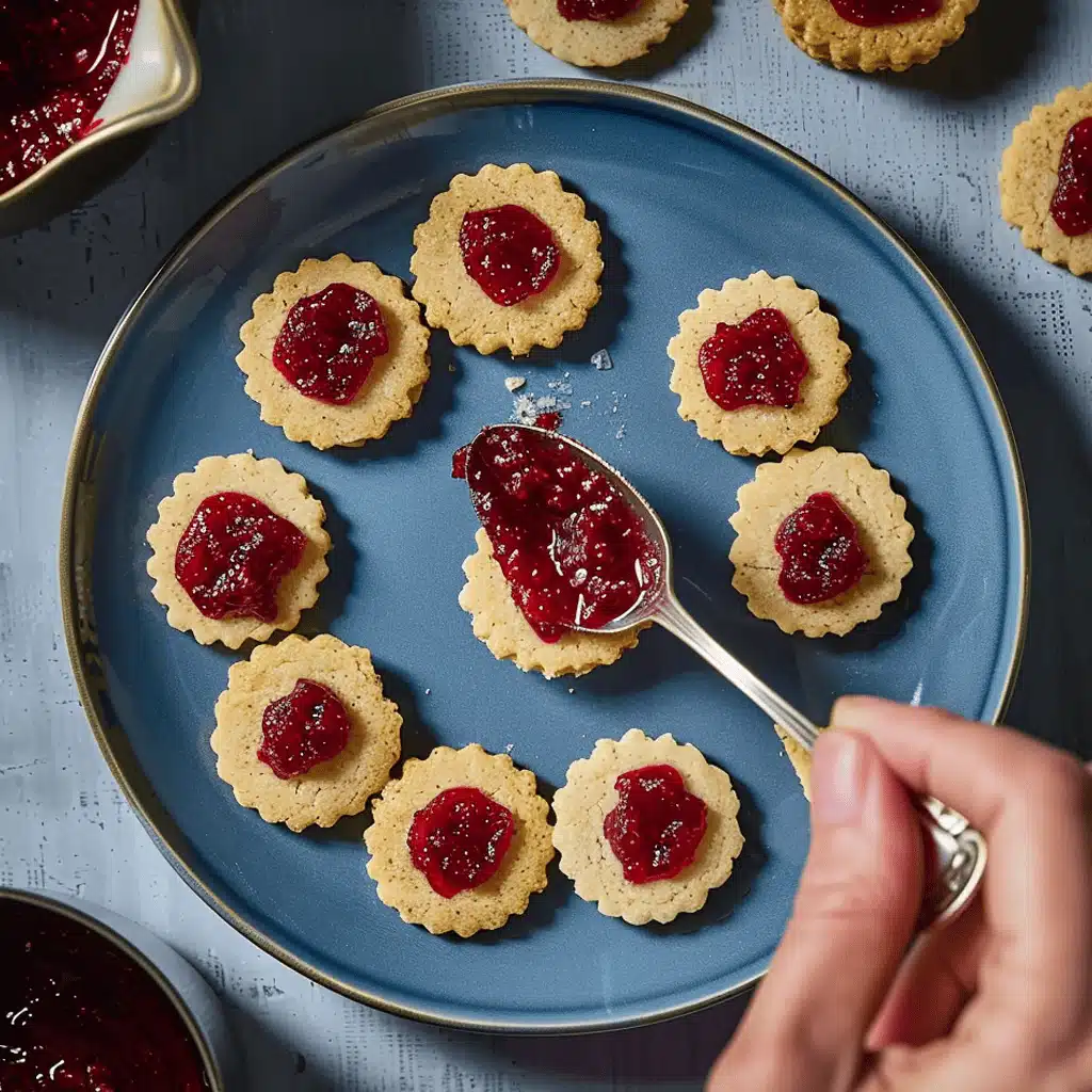 Hands assembling freshly baked Cranberry Linzer Cookies with cranberry filling
