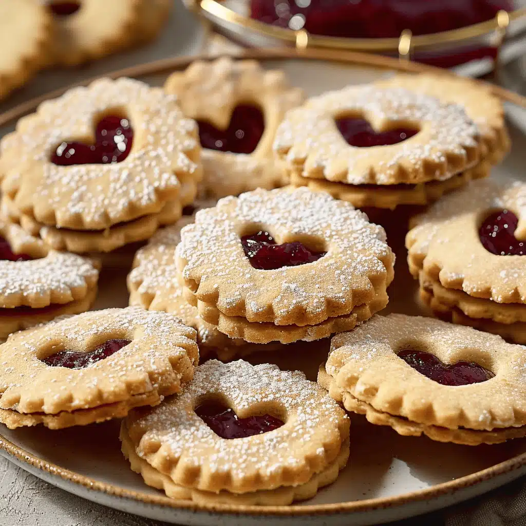 Cranberry Linzer Cookies on wooden table