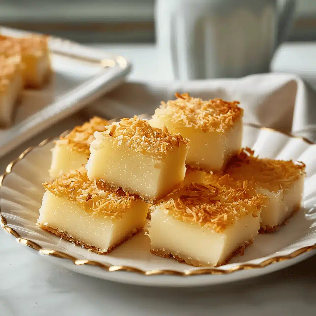 Hawaiian Butter Mochi squares on plate with coffee