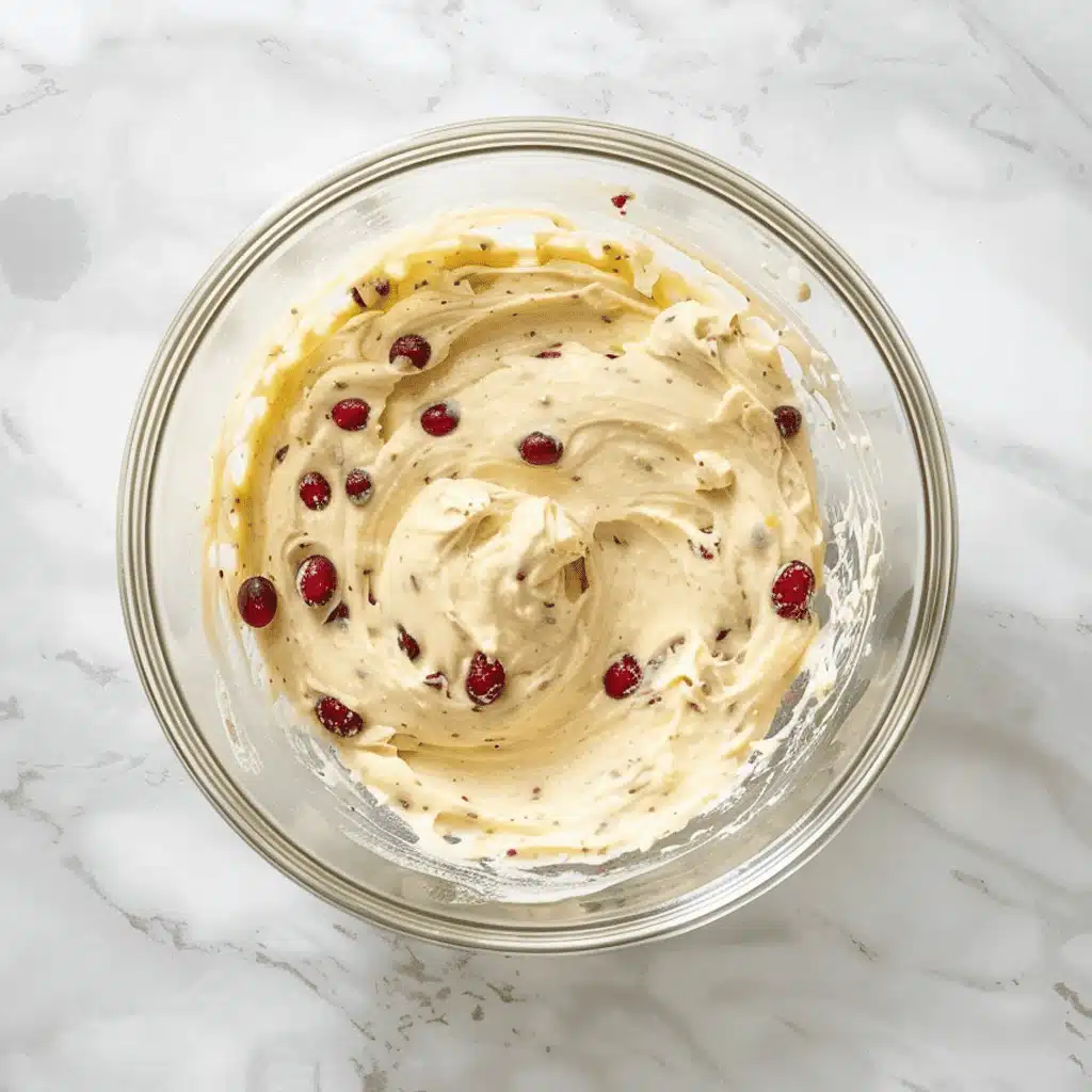 Bowl of creamy lemon cranberry muffin batter with fresh cranberries being mixed