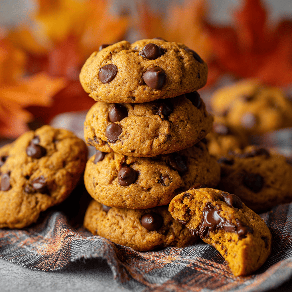 Stack of soft pumpkin chocolate chip cookies