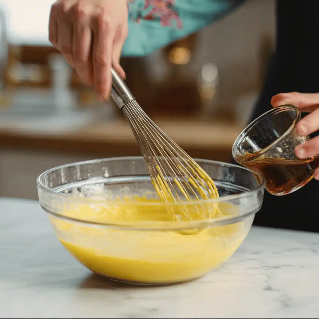 Whisking zabaglione for Tiramisu Cake