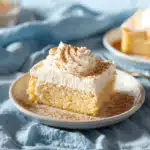 Moist Tres Leches Cake slice topped with whipped cream and cinnamon