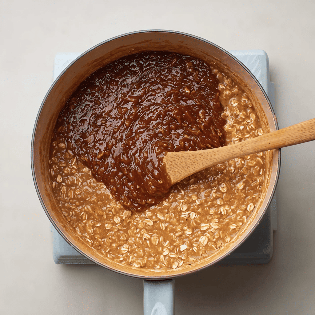 mixing oats and peanut butter into no bake cookie mixture