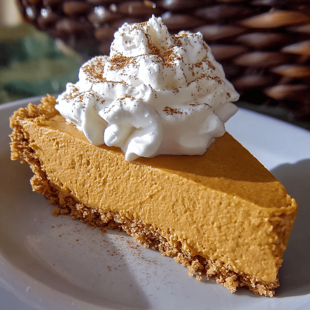 slice of no-bake pumpkin pie with whipped cream