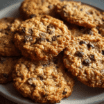 Chewy chocolate chip oatmeal cookies stacked on table