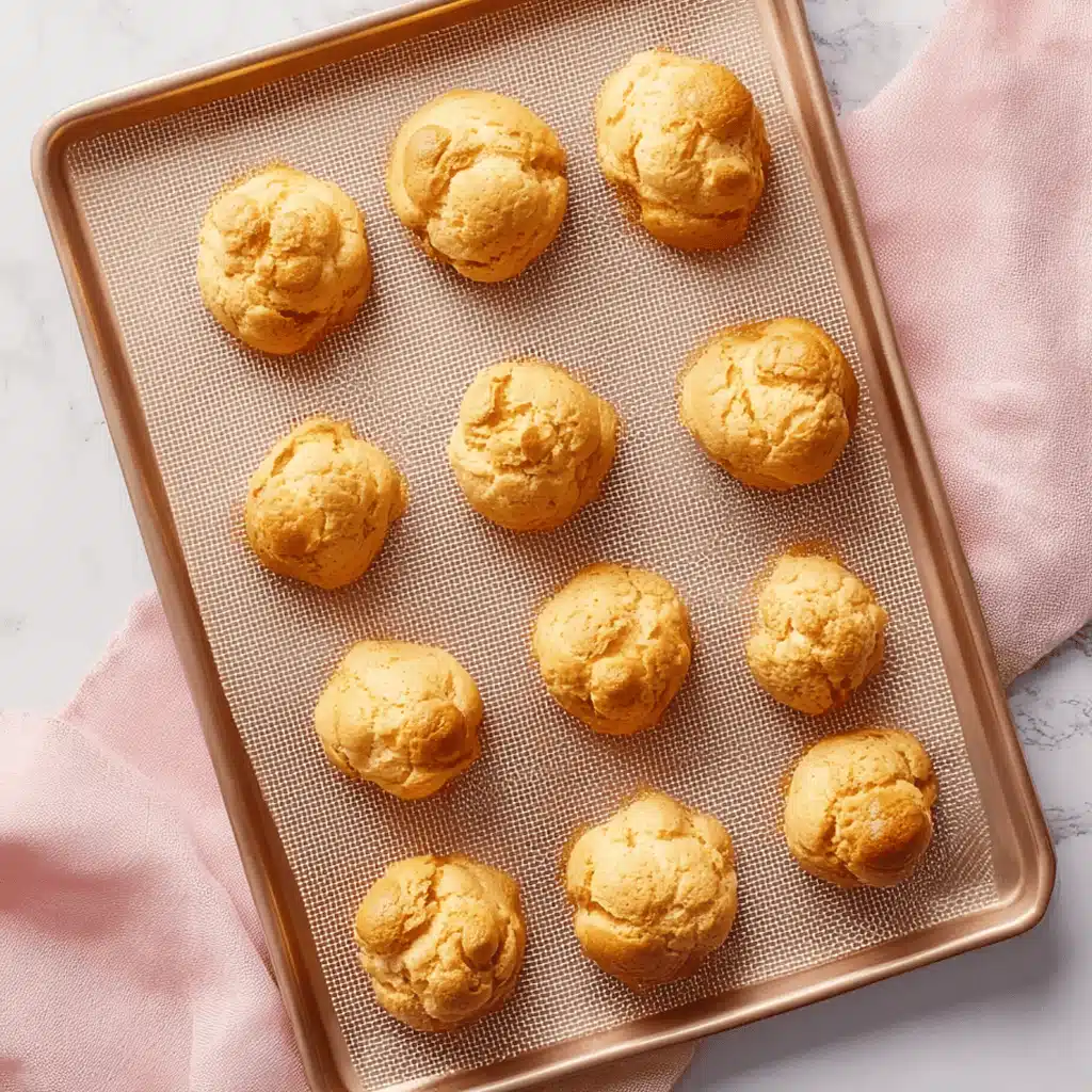 Golden cream puffs cooling on a rack