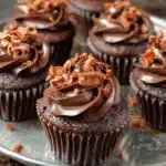 Dark Chocolate Bacon Cupcakes with chocolate frosting and crispy bacon