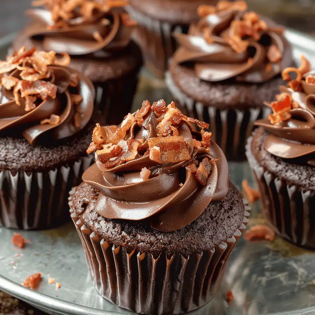Dark Chocolate Bacon Cupcakes with chocolate frosting and crispy bacon