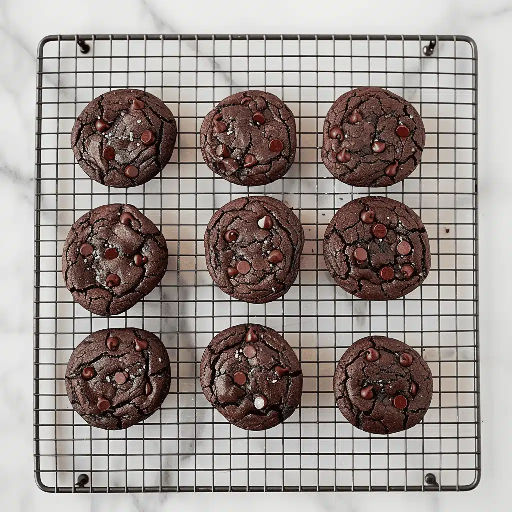 Double chocolate chip cookies baking on oven tray