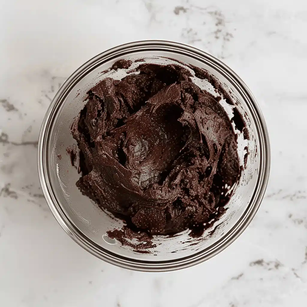 Mixing double chocolate chip cookie dough in a bowl