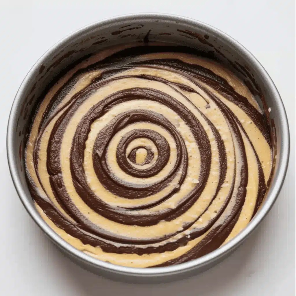 making keto zebra cake batter in pan with alternating chocolate and vanilla layers