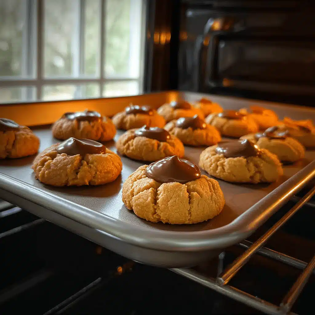 Adding chocolate kisses to warm peanut butter cookies