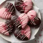 raspberry sugar cookies stacked on plate