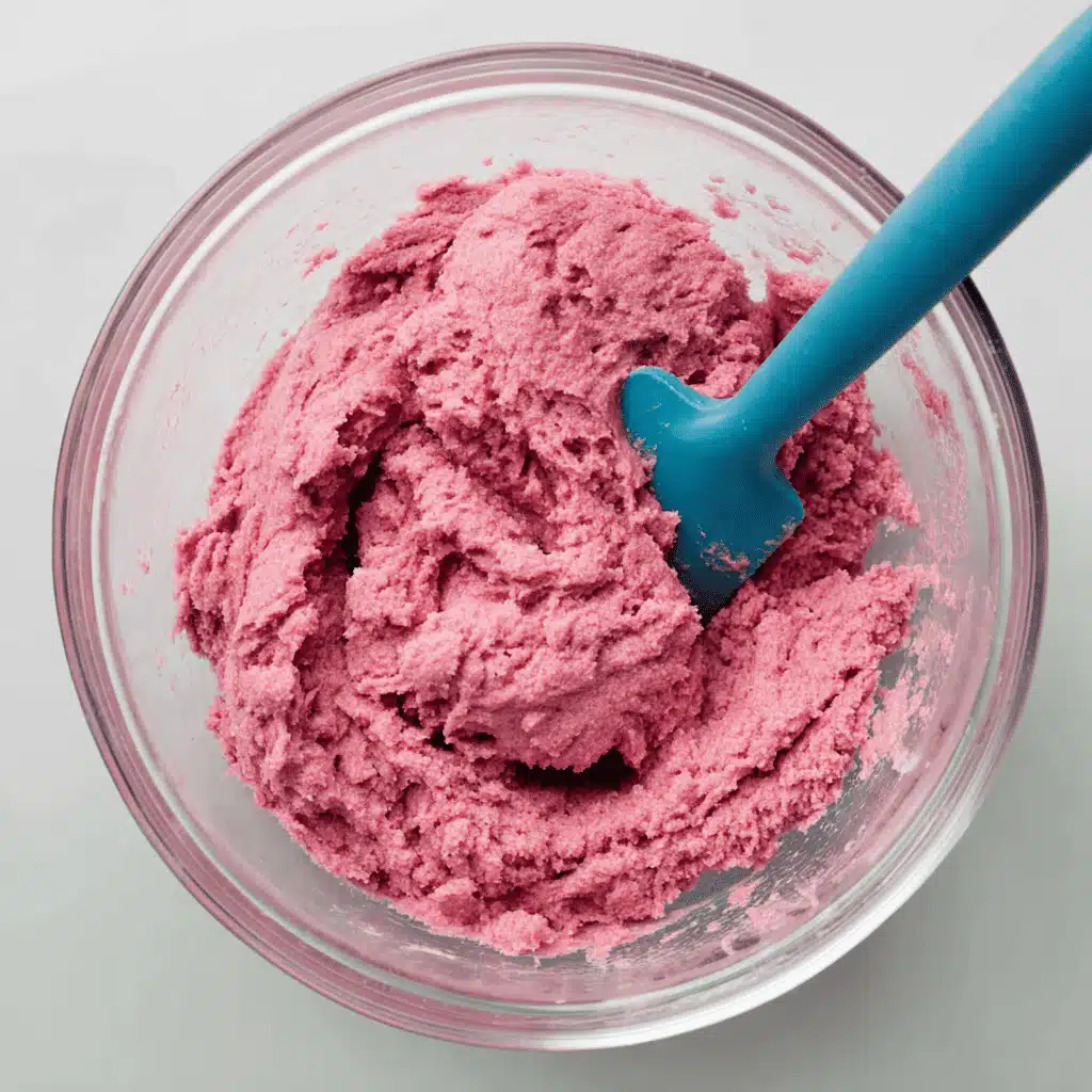 mixing raspberry sugar cookie dough with butter and cream cheese