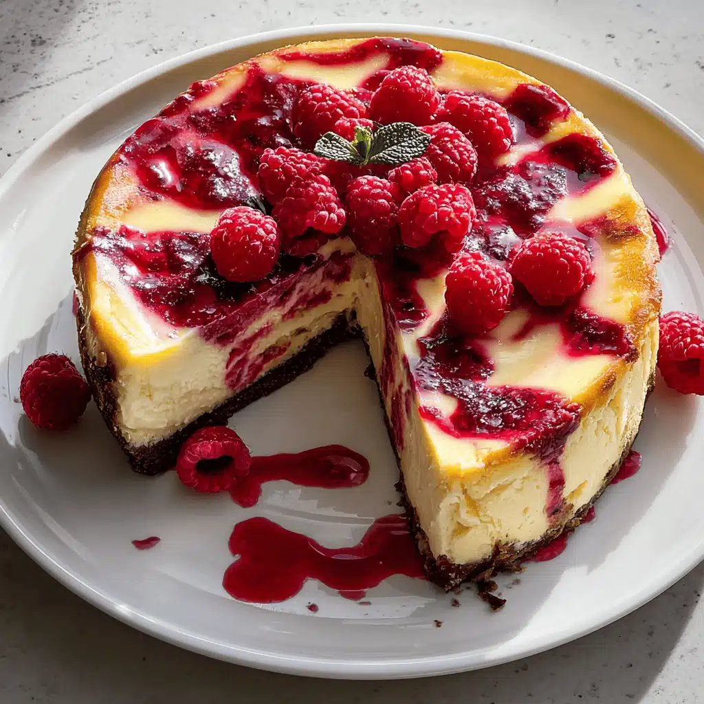 Slice of White Chocolate Raspberry Cheesecake with Raspberry Sauce
