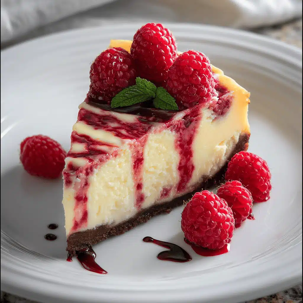 White Chocolate Raspberry Cheesecake with Raspberry Swirl and Chocolate Crust