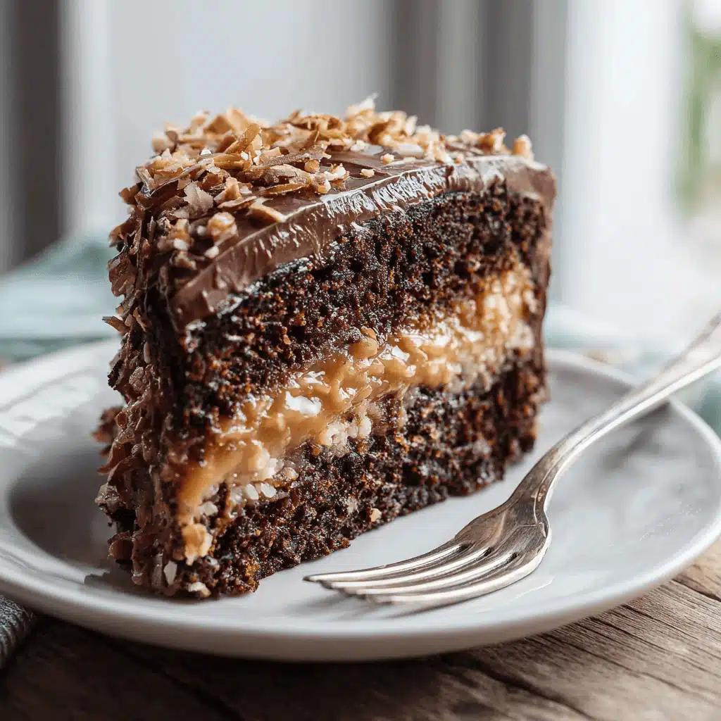 Slice of German chocolate cake served on a plate with layers visible