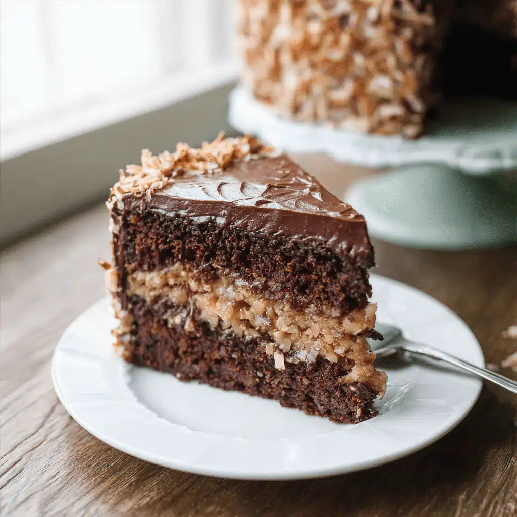 German chocolate cake recipe with coconut pecan frosting and chocolate layers