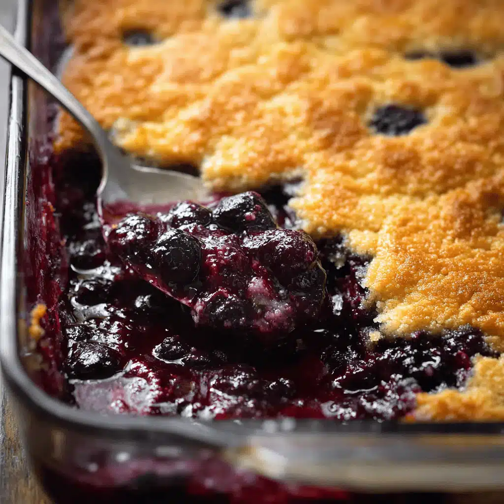 Slice of blueberry cobbler topped with vanilla ice cream and fresh blueberries on a white plate.