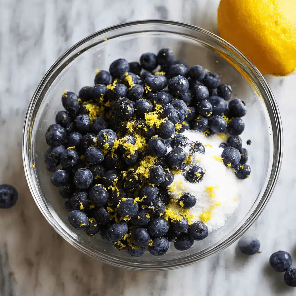 Pouring blueberry cobbler batter over sugared blueberries in a baking dish before baking.