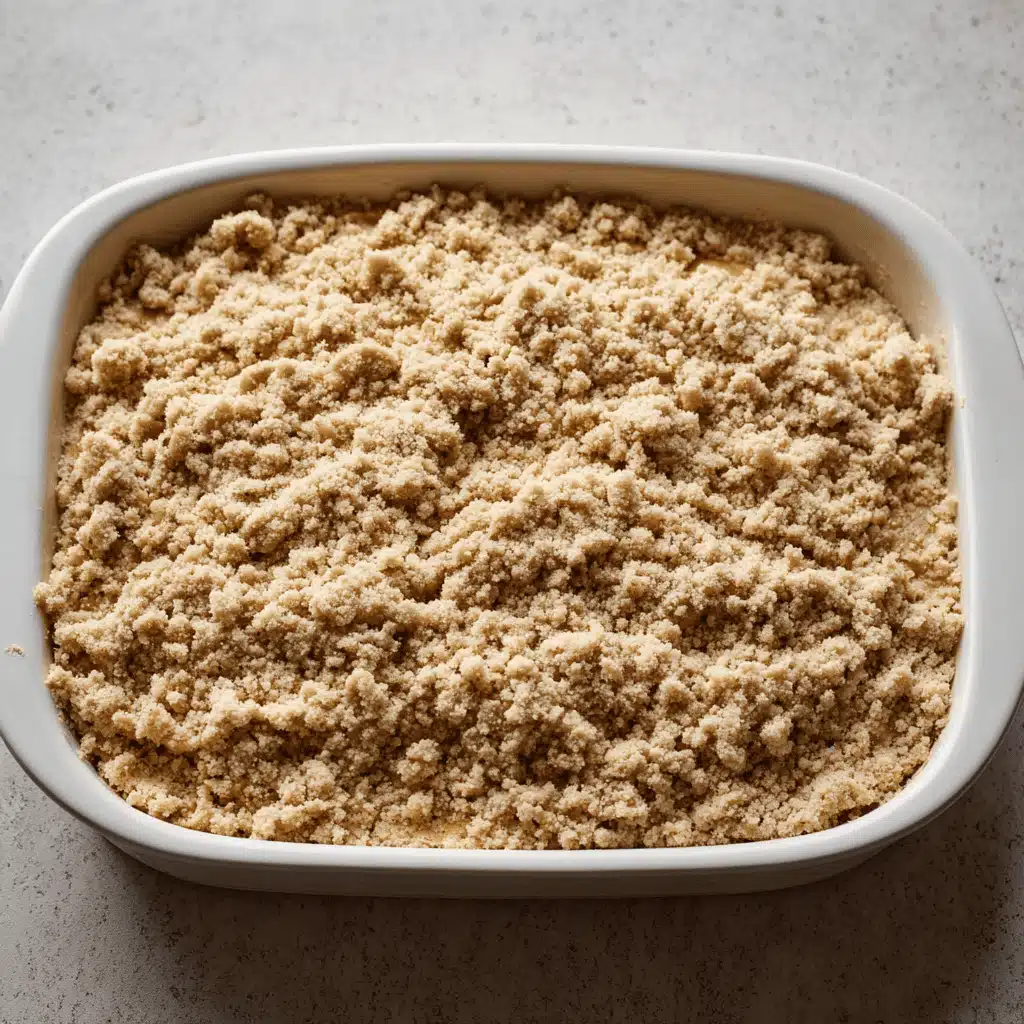 Cheesecake filling topped with cinnamon apples and streusel in baking pan