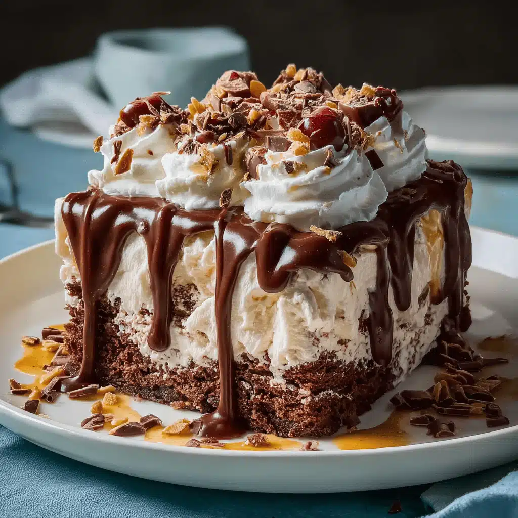 Slice of chocolate Ice Cream Cake on plate showing layers