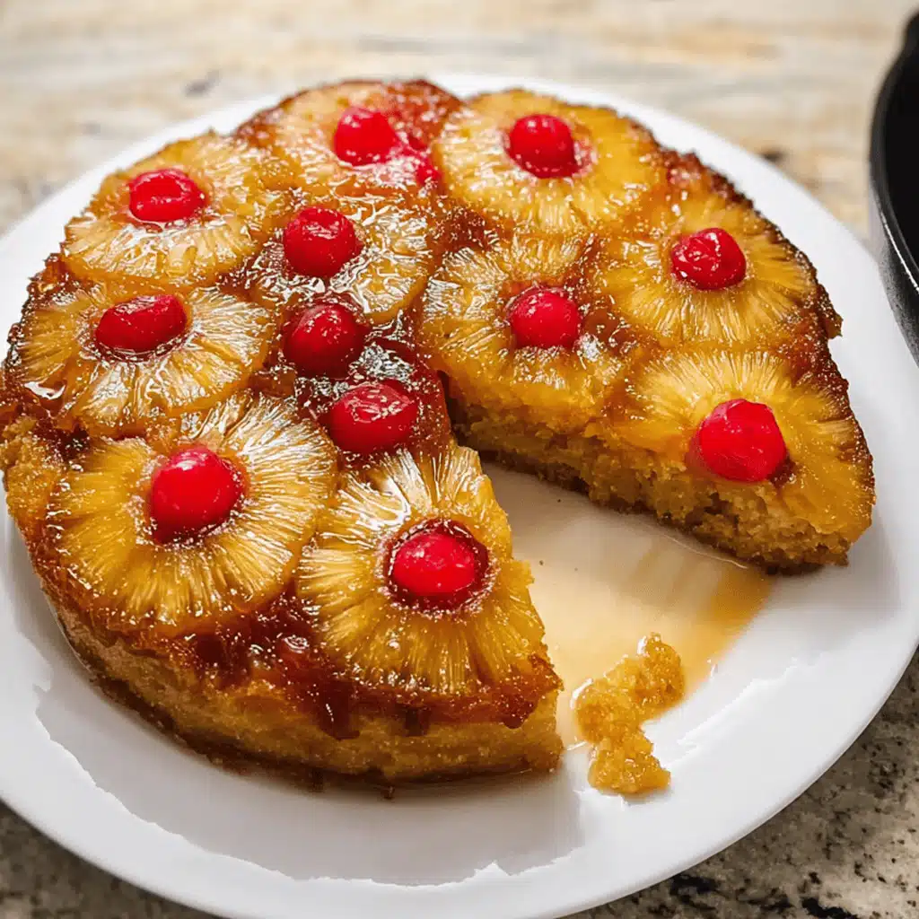 slice of pineapple upside down cake on white plate