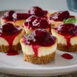 Mini Cherry Cheesecakes on a white platter with cherry topping