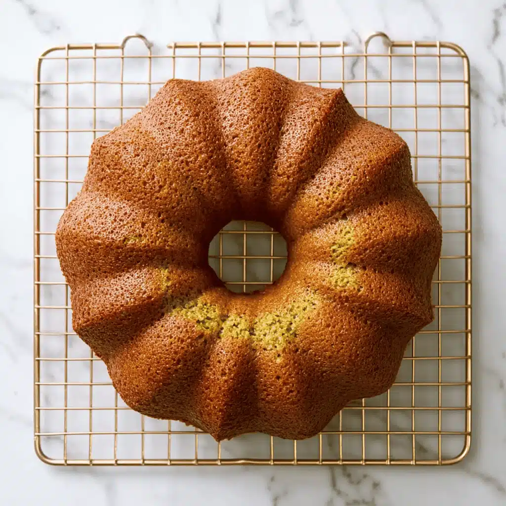 Pistachio cake cooling on a wire rack after baking