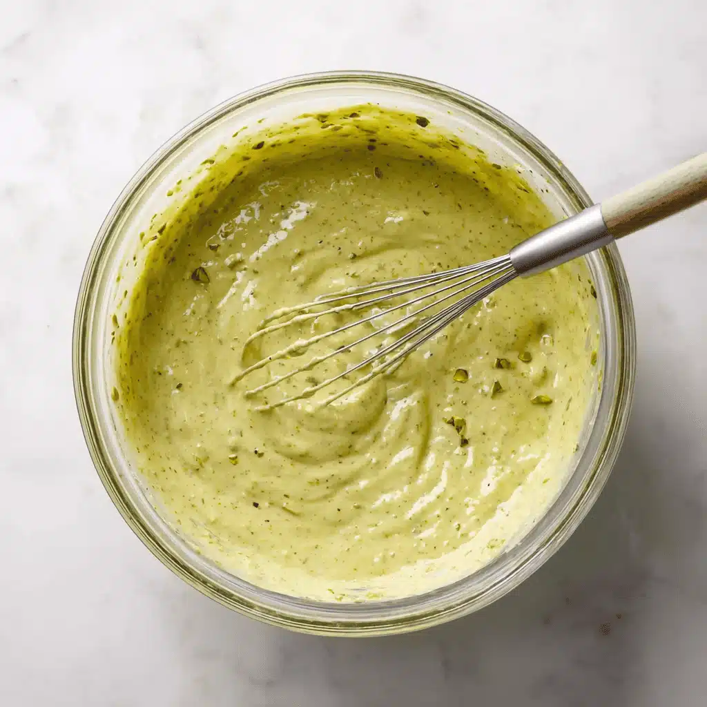 Mixing pistachio cake batter in a bowl